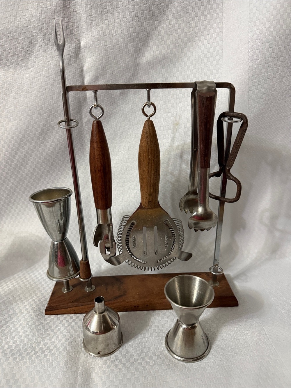 Antique Wood-Handle Cocktail Bar Tool Set with Stand — Brown